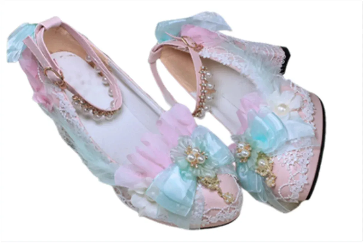 Uniwim Japanese Sweet Style Lolita Shoes Wedding Girls Cosplay Tea Party Elegant Pearls Ribbon Bowknot Lace Flower 8cm High Heel Shoes