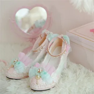 Uniwim Japanese Sweet Style Lolita Shoes Wedding Girls Cosplay Tea Party Elegant Pearls Ribbon Bowknot Lace Flower 8cm High Heel Shoes