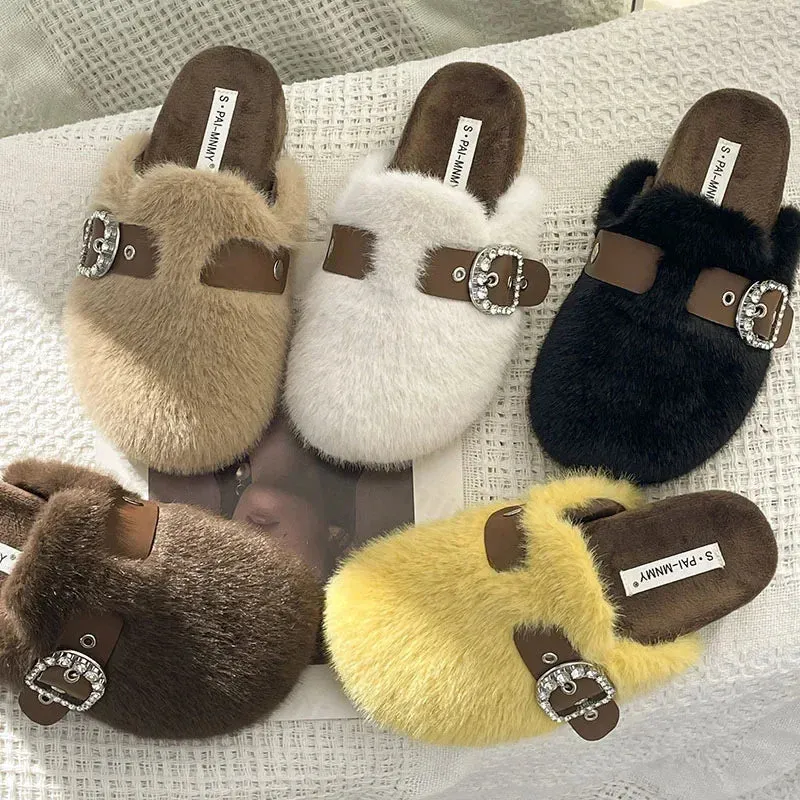 Uniwim New 2024 Winter Warm Plush Slippers for Women Closed Toe Faux Fur Cotton Shoes Woman Fashion Buckle Lightweight Flat Mules Shoes