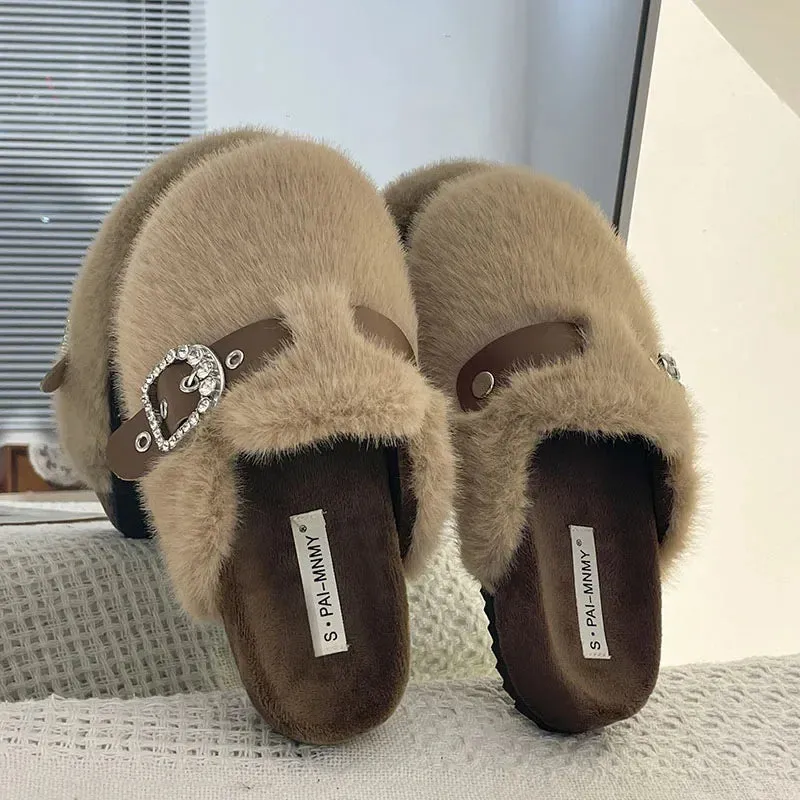 Uniwim New 2024 Winter Warm Plush Slippers for Women Closed Toe Faux Fur Cotton Shoes Woman Fashion Buckle Lightweight Flat Mules Shoes