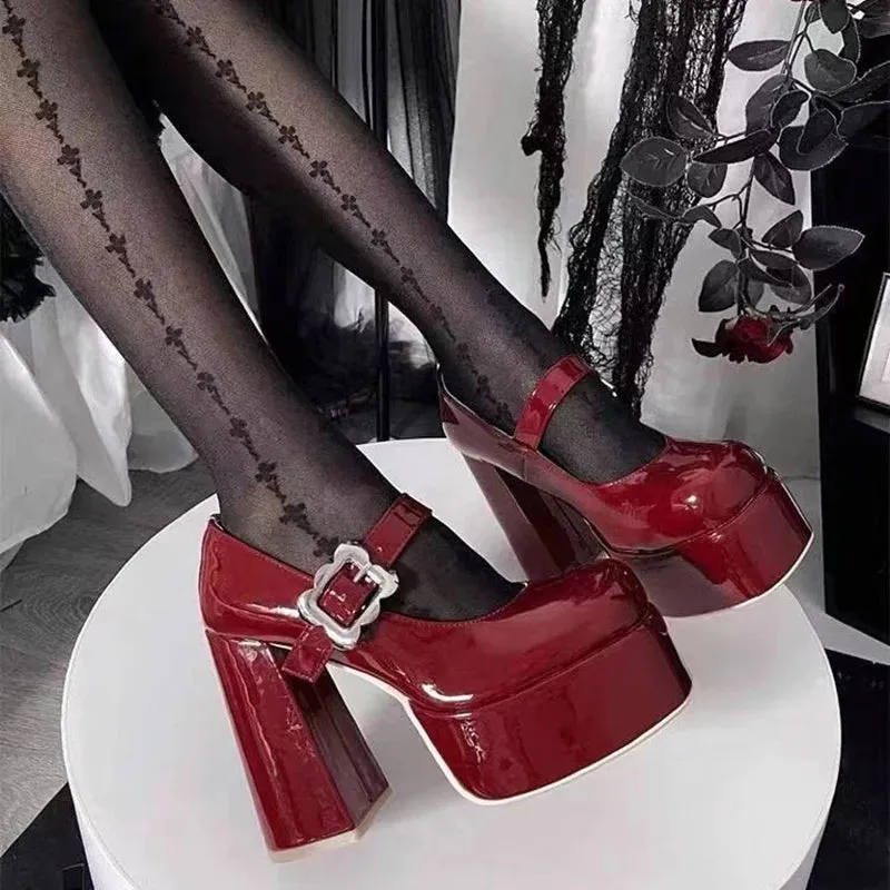 Uniwim Punk Gothic High Heels Pumps Women 2024 Chunky Platform Mary Jane Lolita Shoes Woman Square Heels Patent Leather Cosplay Shoes