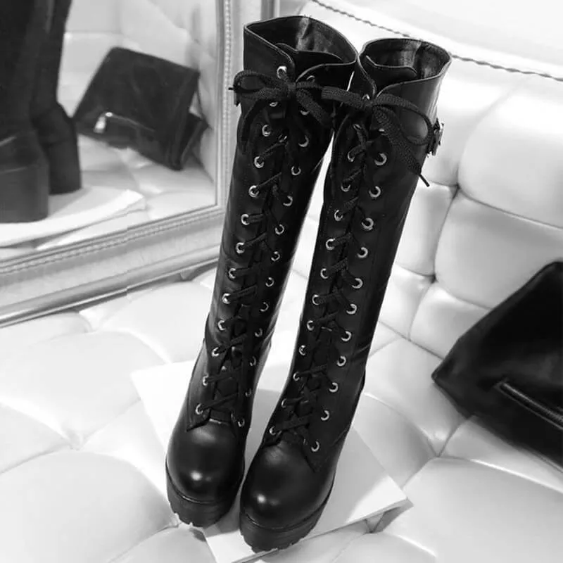 Uniwim Square Lacing Knee High Heel Boots SE20539