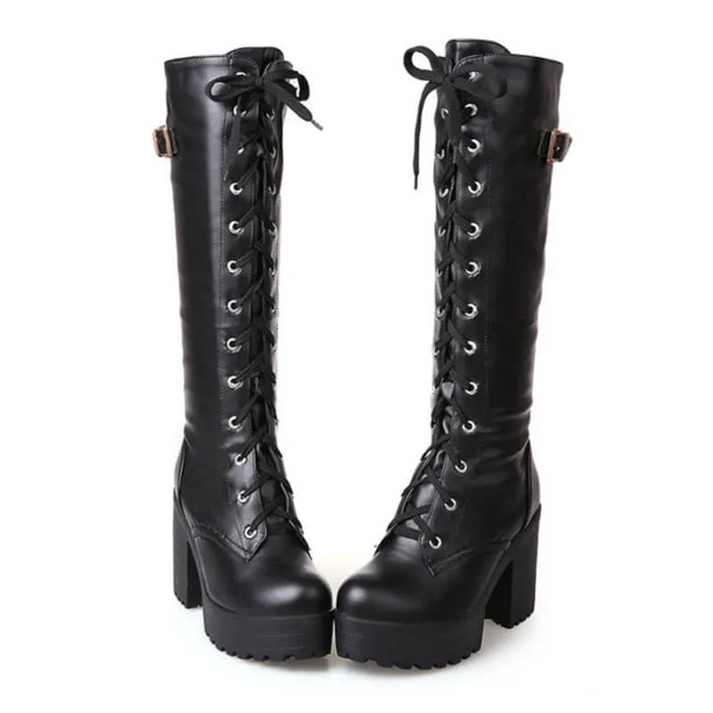 Uniwim Square Lacing Knee High Heel Boots SE20539