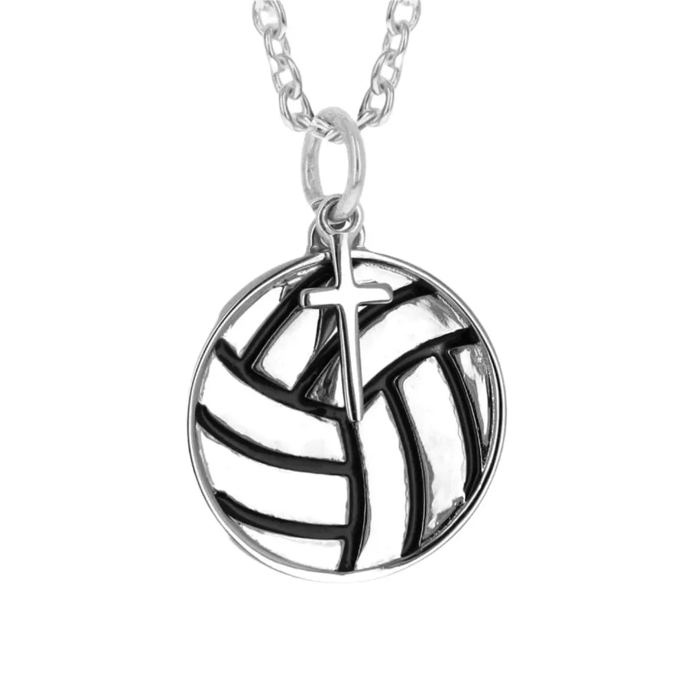 Volleyball Necklace w/ Dangle Cross Pendant | Sterling Silver