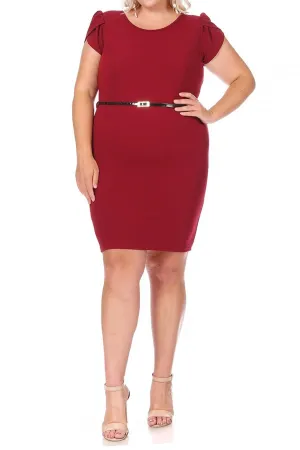 Women's Elegant Plus Size Solid Pencil Work Dresses Short Sleeve Round Neck with Belt