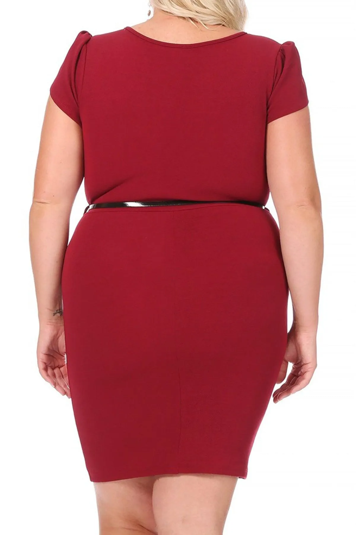 Women's Elegant Plus Size Solid Pencil Work Dresses Short Sleeve Round Neck with Belt