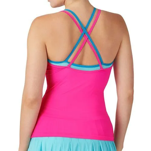 Women`s Tie Breaker Strappy Cami Tennis Tank Pink Glo and Blue Radiance