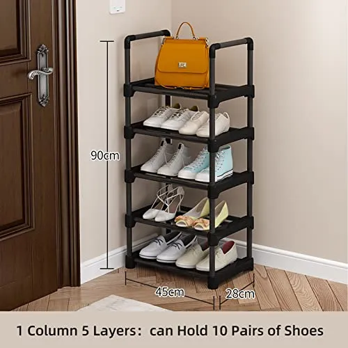 Yosoo Shoe Rack Tall Shoe Rack for Storage Shelf Space Saving Large Shoe Tower Durable Black Metal Stackable Shoe Cabinet with Hooks (1 Column 5 Layers)