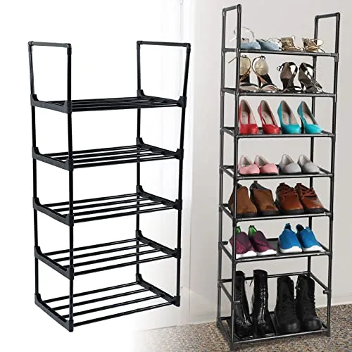 Yosoo Shoe Rack Tall Shoe Rack for Storage Shelf Space Saving Large Shoe Tower Durable Black Metal Stackable Shoe Cabinet with Hooks (1 Column 5 Layers)