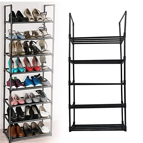 Yosoo Shoe Rack Tall Shoe Rack for Storage Shelf Space Saving Large Shoe Tower Durable Black Metal Stackable Shoe Cabinet with Hooks (1 Column 5 Layers)