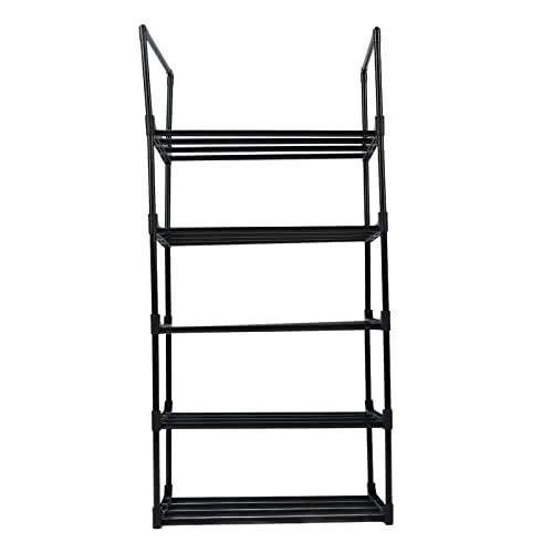 Yosoo Shoe Rack Tall Shoe Rack for Storage Shelf Space Saving Large Shoe Tower Durable Black Metal Stackable Shoe Cabinet with Hooks (1 Column 5 Layers)